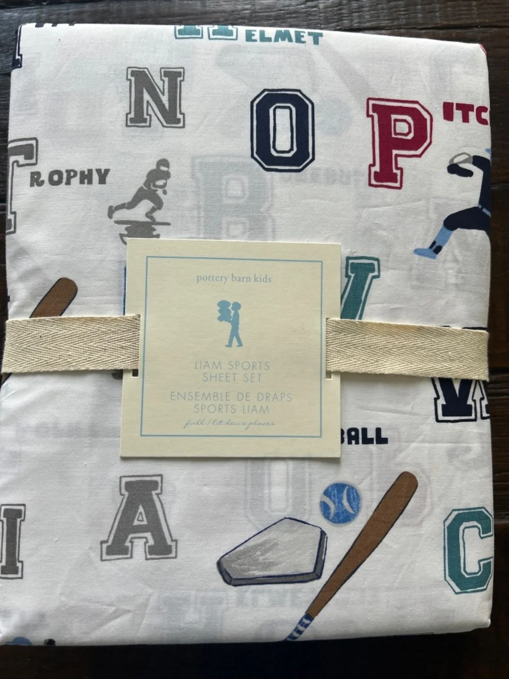 NWT Pottery Barn Kids Liam Sports Full Sheet Set + 2 Extra Pillowcases 6pc